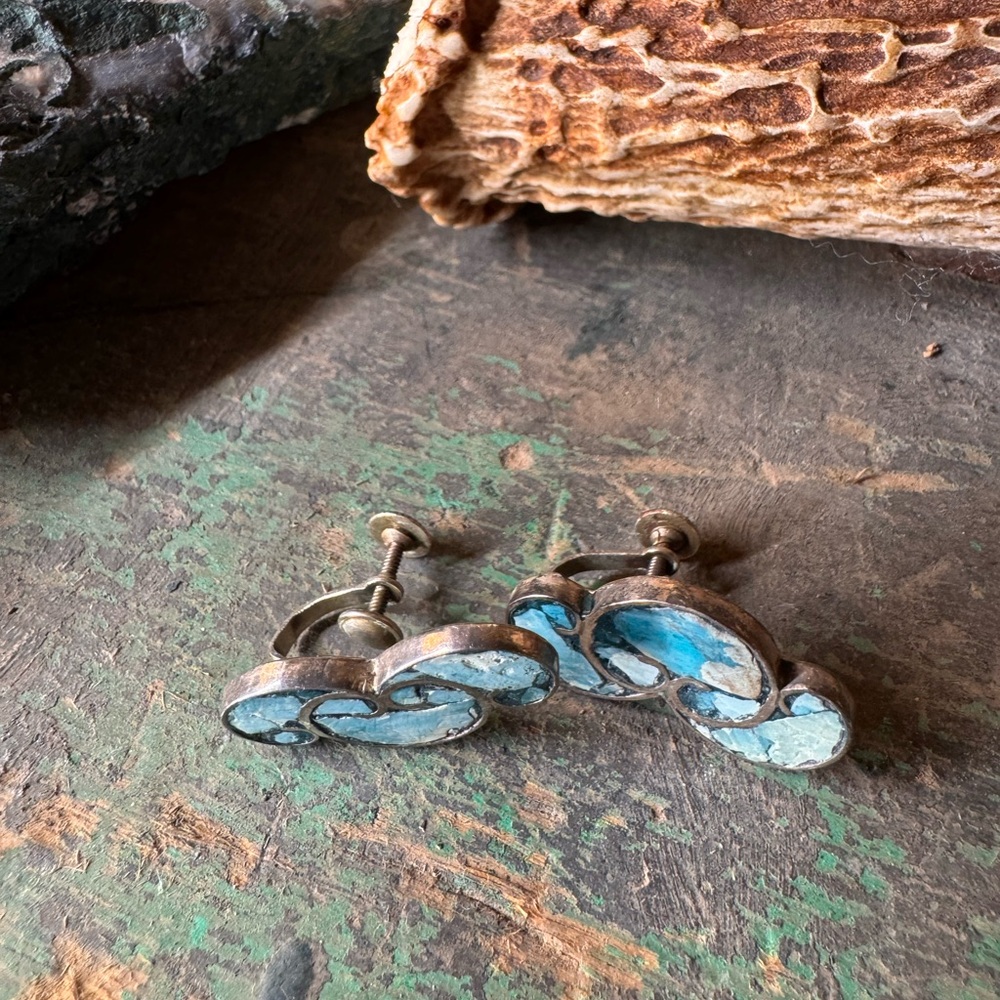 Turquoise Sterling Silver Southwestern Inlay Earrings Vintage Navajo Style - Picture 3 of 6